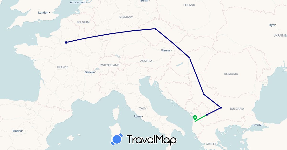 TravelMap itinerary: driving, bus in Albania, Bulgaria, Czech Republic, France, Hungary, Macedonia, Serbia (Europe)
